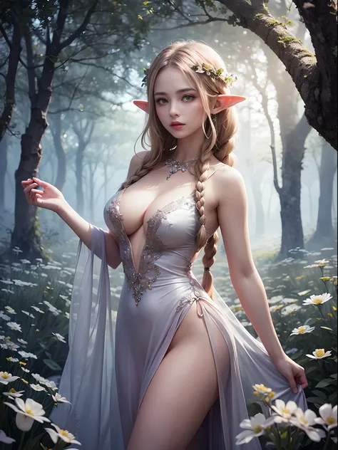 Graceful elven girl standing in the meadow, A delicate face illuminated by the soft light of the setting sun. Her long, Flowing hair flows down the back, Decorated with intricate braids、Adorned with sparkling gemstones. This stunning painting is、It capture...