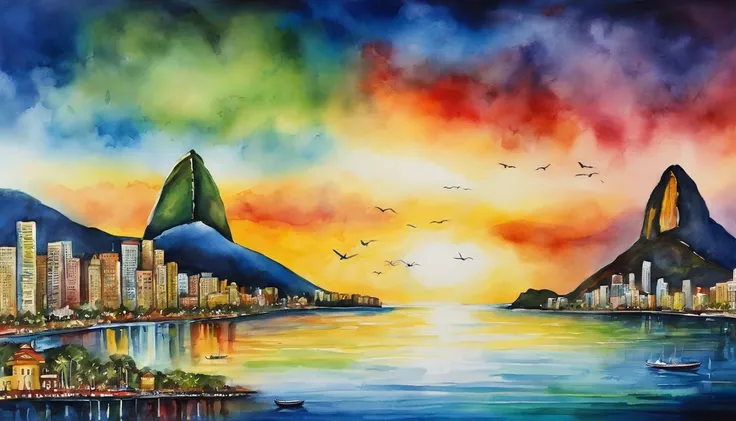 Rio de Janeiro no estilo Elysium Disco, aquarela expressionista. Destaque para o Cristo Redentor, contemporary (Mac), Vista frontal, Fachada, High definition