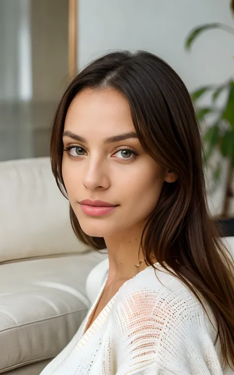 Gorgeous woman wearing light white sweater in her sofa living room very detailed, 31 years old, big lips, long nose,wearing natural makeup, natural dark long hair, green eyes, high resolution, masterpiece, best quality, intricate details, highly detailed, ...