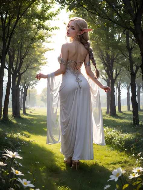 Graceful elven girl standing in the meadow, A delicate face illuminated by the soft light of the setting sun. Her long, Flowing hair flows down the back, Decorated with intricate braids、Adorned with sparkling gemstones. This stunning painting is、It capture...