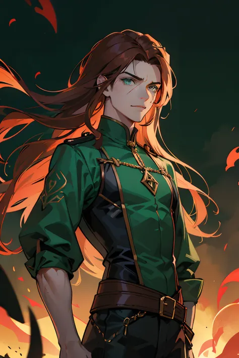 ember, Guy, slim physique, ah high, grown up, Long copper hair, brown-hair, floting hair, Emerald-colored eyes, higly detailed, Gloomy, Russian, Senior, black undershirt, wrinkles, scar on his left eye, green colored eyes, smirk, closed clothing