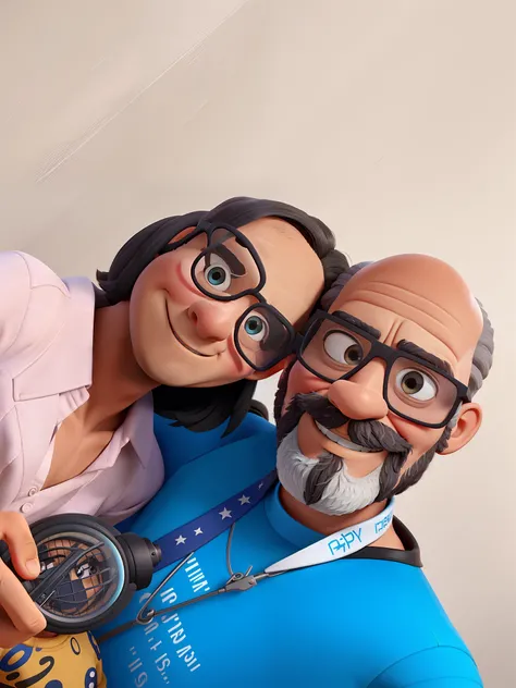 Homem de 47 anos careca e commbarba grisalha, usando oculos de acetato preto, junto com sua esposa de 47 anos cabelo liso e preto com algumas mechas brancas., Disney Pixar poster style in high resolution