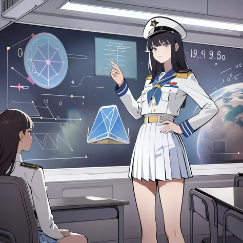 superflat, flat shading, flat colors, (masterpiece:1.2, best quality), (closeup), 2girls teacher and student, teen girl, white space cadet uniform, military hat, short pleated skirt, serious, standing by holographic board displaying math shapes, classroom,...