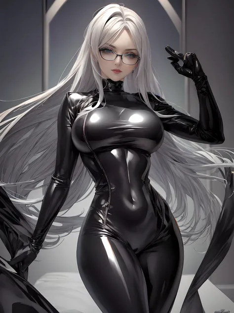 (best quality,8K UHD,high-res),beautiful silver hair,glasses,shiny black latex catsuit,(piel oculta) hidden skin, hermosos ojos detallados，pupilas brillantes，（muy fino y hermoso），（Beautiful and detailed eye description），Ultra - detallado，tmasterpiece, blac...