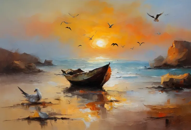 Wrecked boat on dirt beach behind arabian fisherman, carrying a group of fish at sunset, and seagulls, Flying on the horizon