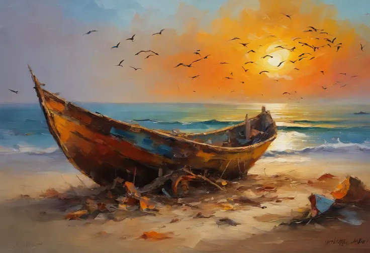 Wrecked boat on dirt beach behind arabian fisherman, carrying a group of fish at sunset, and seagulls, Flying on the horizon