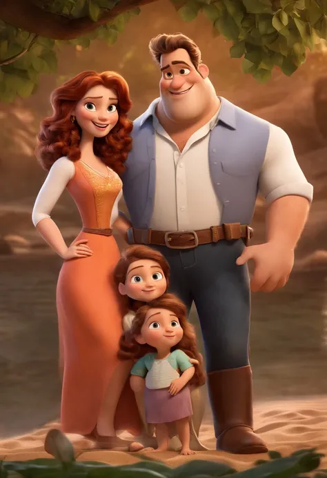 a Disney Pixar movie poster showing a white-skinned family. The father is the tallest, Tem barba curta, loiro, cabelos curtos e espinhosos. The mother has brown eyes and hair, shoulder-length and is slightly overweight. A menina tem 4 anos e cabelos castan...