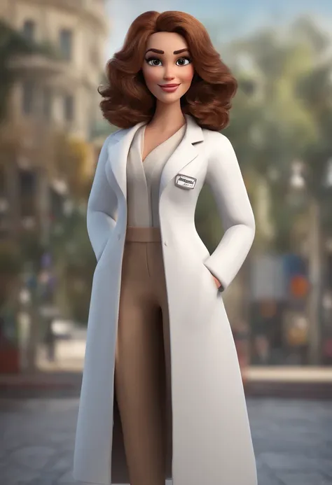 Woman cartoon character wearing white lab coat with black eyes and big eyelashes, boca desenhada e nariz fino, with medium brown and wavy hair, Inside a Clinical Animation Character, Caractere estilizado, animation style rendering, 3D estilizado, Arnold Ma...