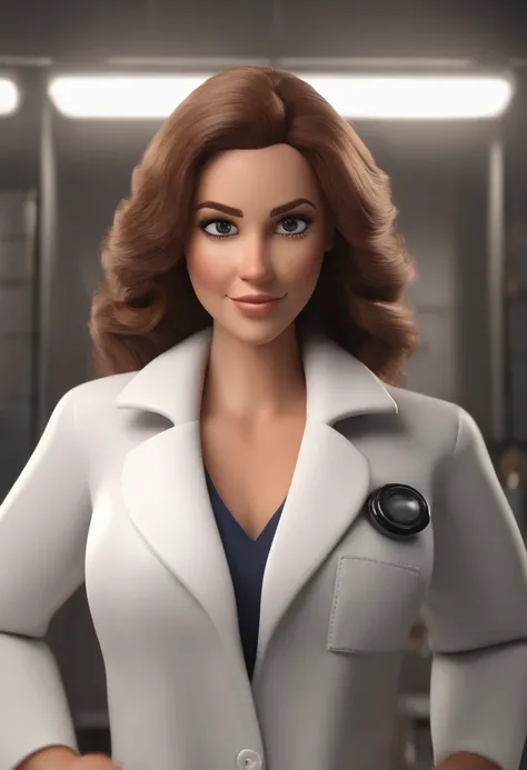 Woman cartoon character wearing white lab coat with black eyes and big eyelashes, boca desenhada e nariz fino, with medium brown and wavy hair, Inside a Clinical Animation Character, Caractere estilizado, animation style rendering, 3D estilizado, Arnold Ma...