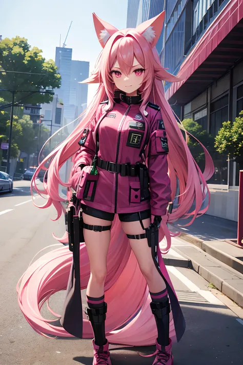 magenta pink long hair anime woman, pink fox ears, pink eyes wearing a green patern modern american military outfit, full body