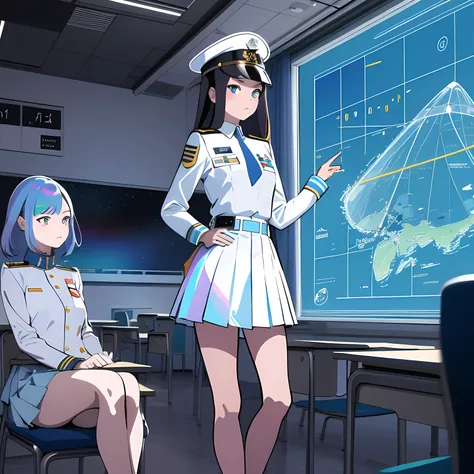 superflat, flat shading, flat colors, (masterpiece:1.2, best quality), (closeup), 2girls teacher and student, teen girl, white space cadet uniform, military hat, short pleated skirt, serious, standing by holographic board displaying math shapes, classroom,...