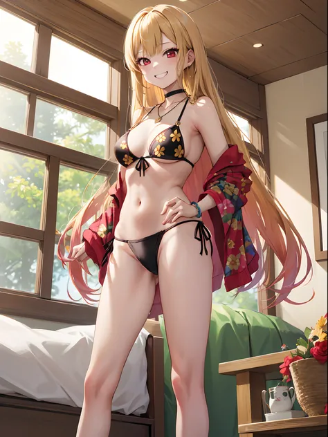 masterpiece, best quality, highres, kitagawa marin, 1girl, blonde hair, long hair, multicolored hair, red eyes, jewelry, necklace, choker, black bikini, floral print, bracelet, side-tie bikini bottom, cowboy shot, indoors, room, standing, grin, straight-on...