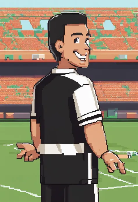 Smiling man in black polo shirt standing on a soccer field