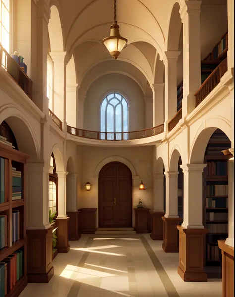 A bald old sage from Oculus standing in front, illuminated by the light of a lamp, contra o pano de fundo de uma biblioteca