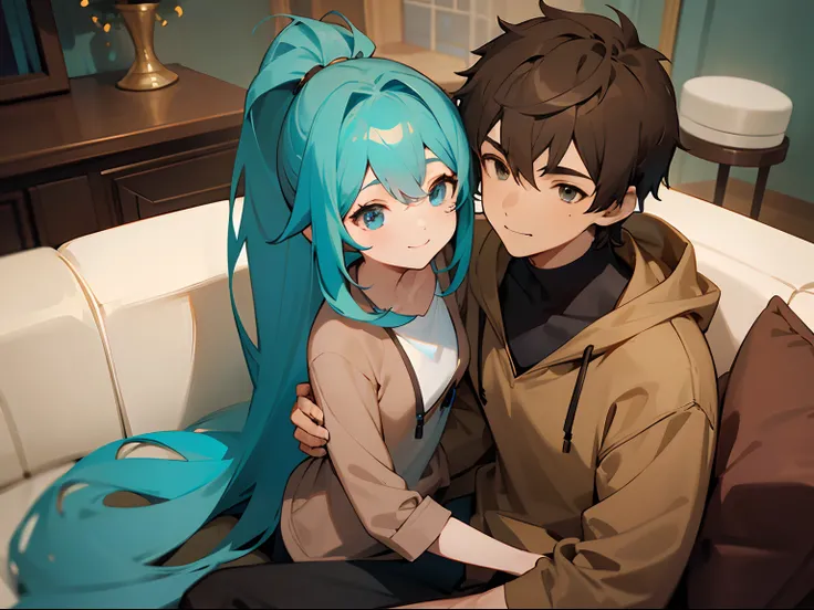 1 Man with Short Brown hair, Brown eyes, wearing a Blue hoodie, sitting with 1 Woman, Woman with Long Aqua Blue hair and Ponytail, Blue eyes, sitting with the Man, Woman head laying on Mans shoulder, Wholesome couple picture, Sitting together on Sofa Couch...