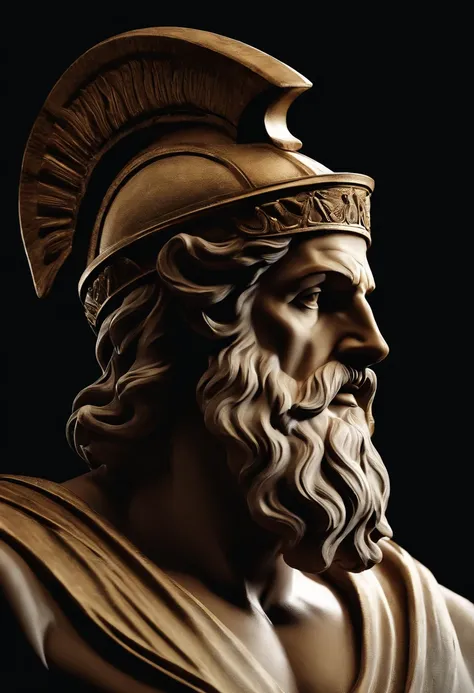 Zeus ruler of other Greek gods who is Greek historical status with Hercules profile muscles cinematic 8k and dark background