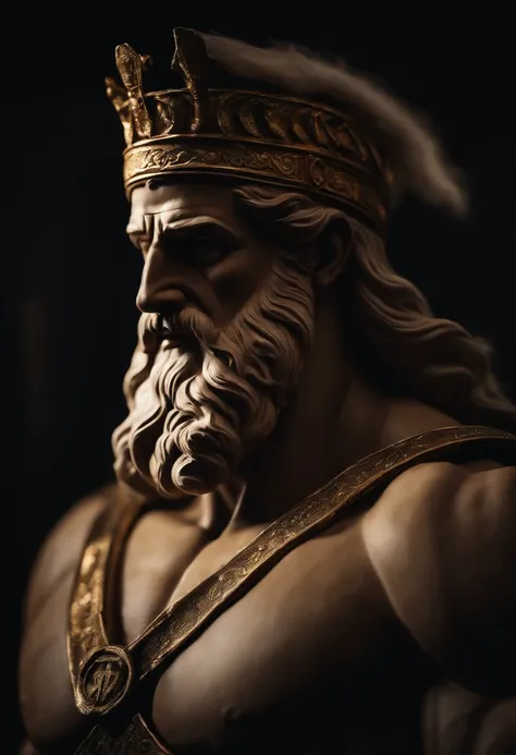 Zeus ruler of other Greek gods who is Greek historical status with Hercules profile muscles cinematic 8k and dark background