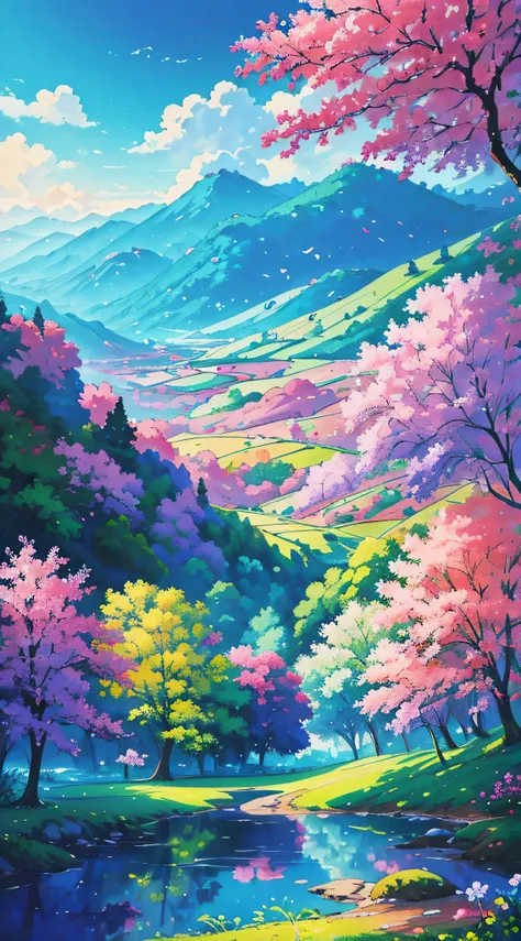 There is a painting of a colorful landscape with trees and flowers, vibrant gouache painting scenery, pintura de paisagem colorida, paisagem campestre anime, paisagem brilhante, scenic colorful environment, Jen Bartel, Paisagem do anime, arte de fundo do a...