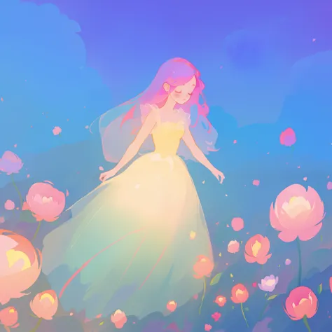 beautiful girl in puffy glowing ballgown, a field with round puffball pink flowers, otherworldly flowers, whimsical landscape, long pink flowing hair, watercolor illustration, inspired by Glen Keane, inspired by Lois van Baarle, disney art style, by Lois v...