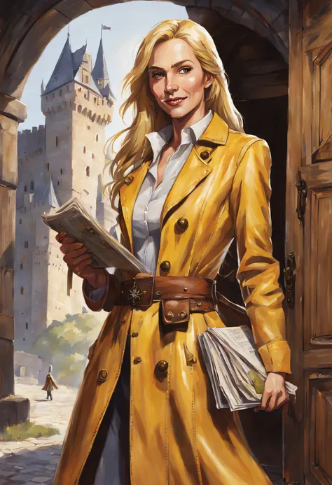 Fantasy dungeons and dragons artwork depicting a middle-aged woman with long straight blonde hair and (yellow eyes), she is wearing a well-tailored leather coat over a white dress, she is standing outside the large wooden door of a beautiful castle, she is...