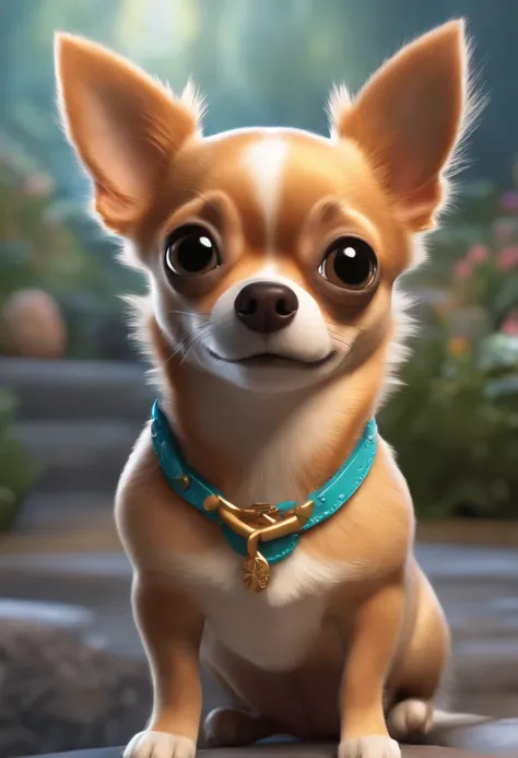 Uma chihuahua fulvo feliz, vestindo uma coleira de princesa, sentada, sorrindo, olhos grandes, fundo casa, Estilo Pixar, ....3d, desenhos animados, rosto detalhado, asymmetrical 16k