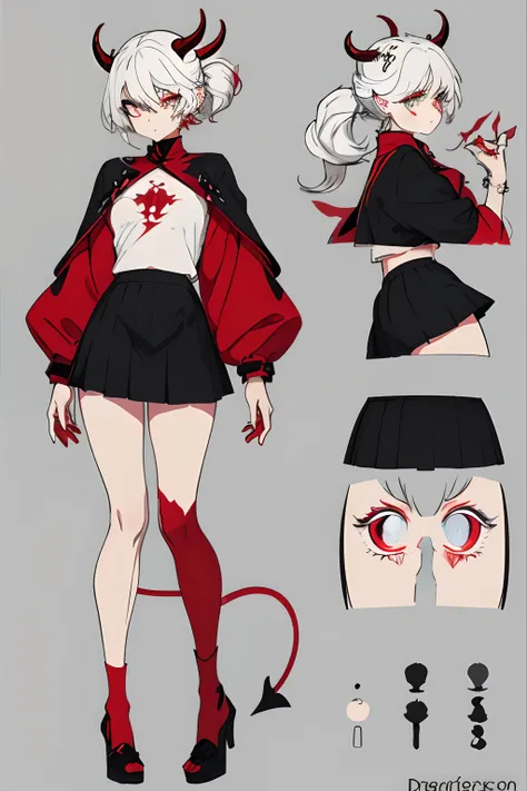 character, character sheet, adoptable sheet, OC, Original Character, Unique, stylistic, red, black, color theory, nice colors, demon, human, Original Character, slit eyes, style, indie style, trendy clothing, any skin color, grey background, pretty eyes, p...