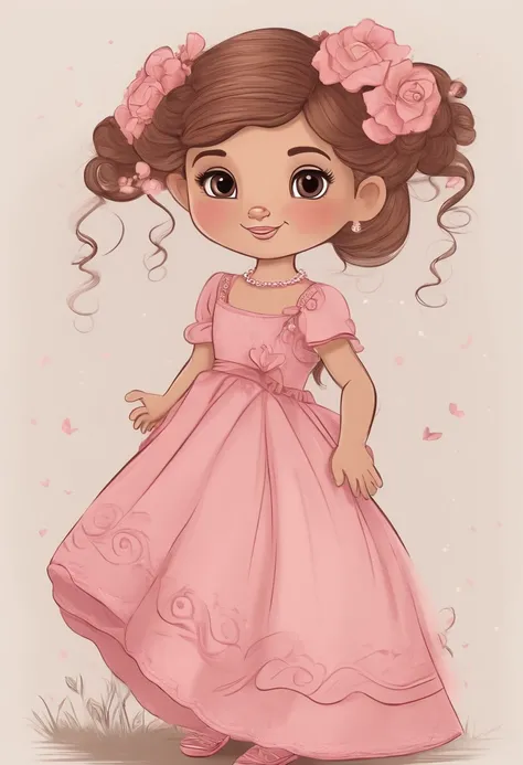 Cartoon character of a 4-year-old child, cabelo comprido na cor castanha, olhos castanhos, com vestido cor de rosa, segurando um ursinho