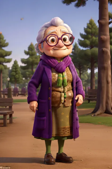 masterpiece, best quality, an old woman with glasses and a scarf on, wearing a purple coat and green scarf, standing at the park