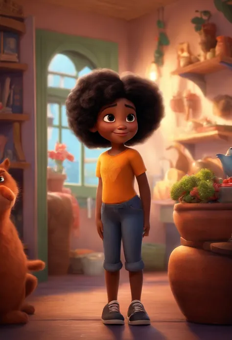 Um filme inspirado na Disney Pixar (MENINA NEGRA JOVEM COM CABELO LONGO CACHEADO PRETO) dentro A cena estar na arte distinta do estilo PIXAR, descolada e estilosa