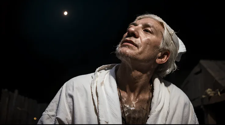 ancient Jewish apostle john(very old man) white hair (white dirty messy robes),looking up to the dark sky, a bright light shine at him in the night