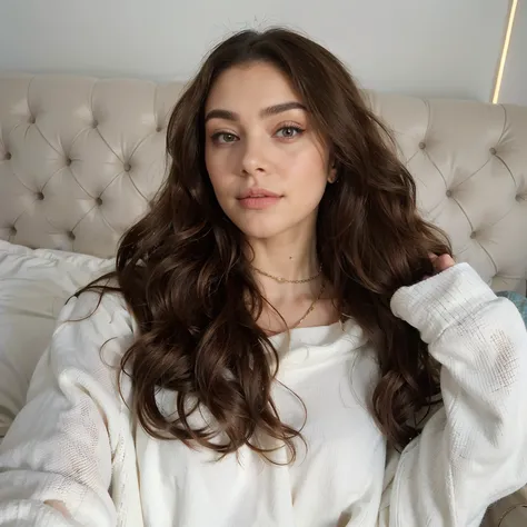 arafed woman with long brown hair wearing a white sweater, madison beer girl portrait, olivia culpo, long flowing brown hair, madison beer, long wavy brunette hair, portrait sophie mudd, girl with brown hair, soft devil queen madison beer, long brown wavy ...