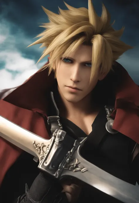 um close up de uma pessoa com uma espada em uma cidade, conflito de nuvens, Retrato de Cloud Strife, de Final Fantasy VII, Final Fantasy 7, de ff7, ff 7, Cloud, de Final Fantasy, cara de Final Fantasy, personagem de Final Fantasy, Final Fantasy, Fantasia F...