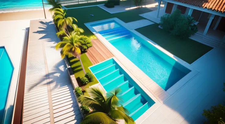 Rendering of a house with pool and beach in the background, realista estilo 3d, Detailed rendering, renderizado no lumion pro, arredores detalhados, piscina, ao lado de uma piscina tropical, air perspective, 3 d renders, realism rendering, Perspectiva 3D, ...