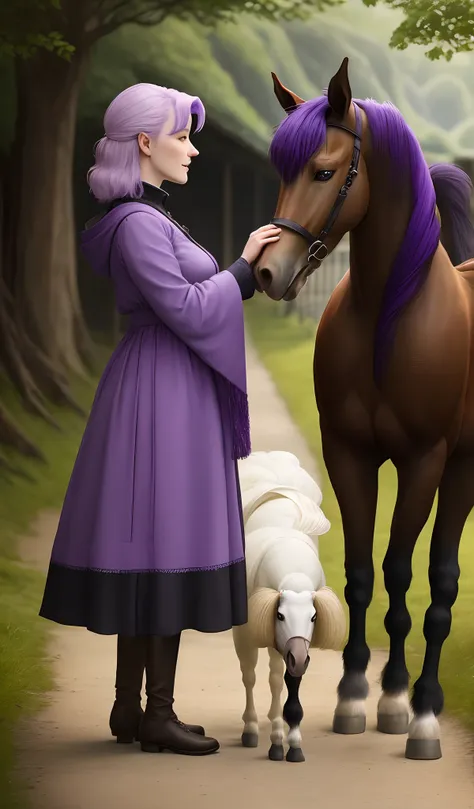 Woman with purple hair medium length with a haflinger horse, a fjord horse, a black spitz dog, a parrot, cockatoo, rosalbin