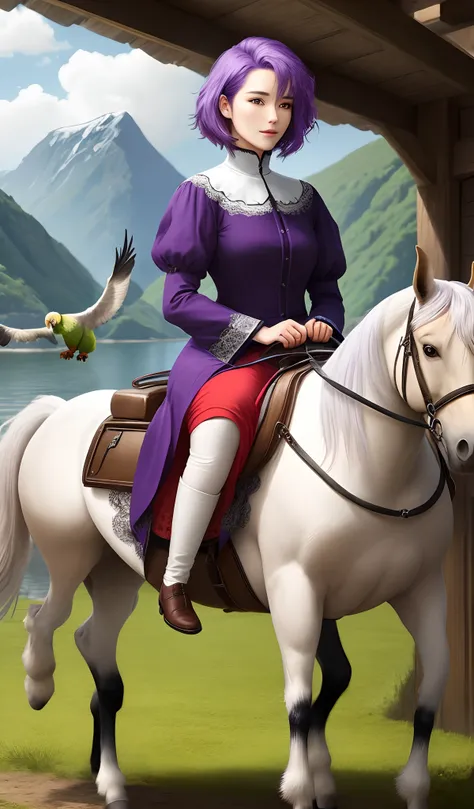 Woman with purple hair medium length with a haflinger horse, a fjord horse, a black spitz dog, a parrot, cockatoo, rosalbin