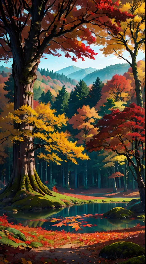 Autumn has woven its magic in the forest, turning the landscape into a tapestry of colors. The tall, ancient trees are adorned with leaves that range from deep maroon to vibrant scarlet, creating a striking contrast against the mossy green forest floor. Ab...