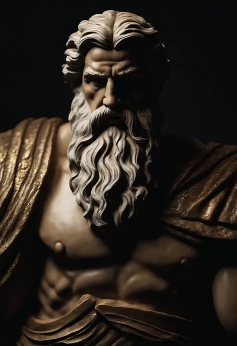 Zeus ruler of other Greek gods who is Greek historical status with Hercules profile muscles cinematic 8k and dark background