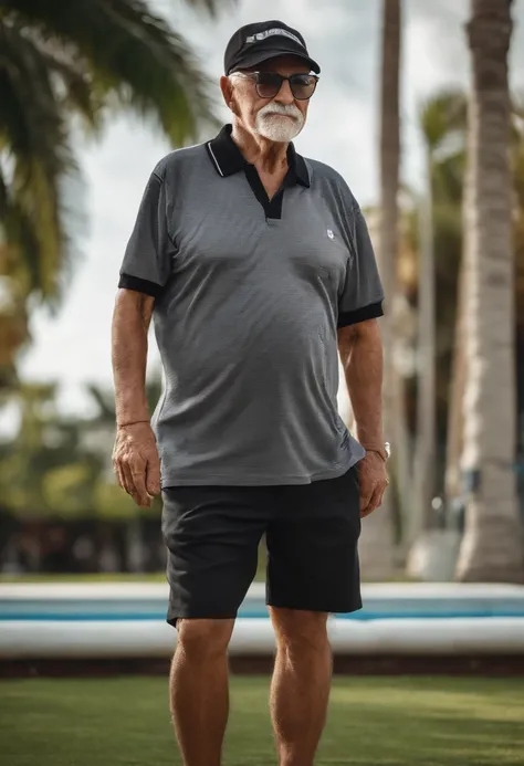 Elderly man in gray cap, glasses with black frame , camiseta preta gola polo, black shorts, chinelo branco, bigode grisalho