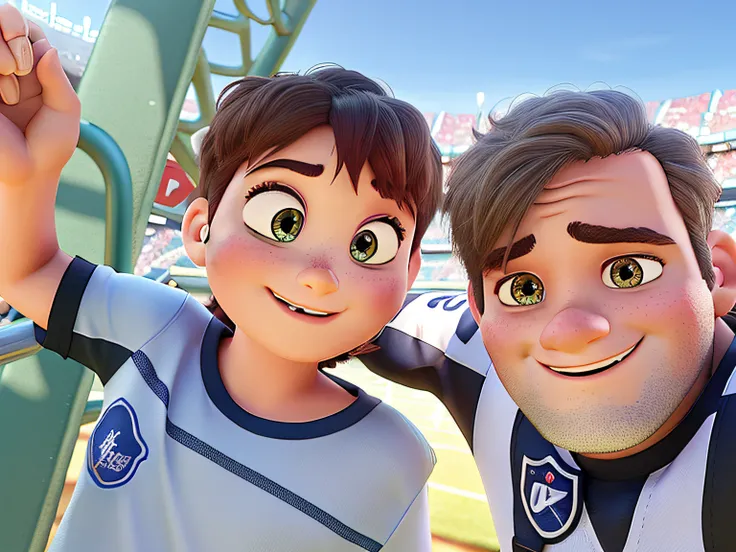 pixar style, ultra realistic, high quality, happy in football stadium