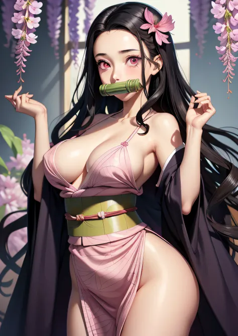 masterpiece, (pink kimono), seductive face, good lighting, décolleté, huge breasts, small details, masterpiece, glowing eyes, 1girl, black hair, gag, bamboo, Nezuko Kamado, wisteria background, masterpiece, best quality, POV, whole body, wide hips,