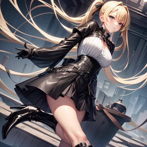 anime girl, blonde hair, grey eyes, black corset, leather skirt, black high heels