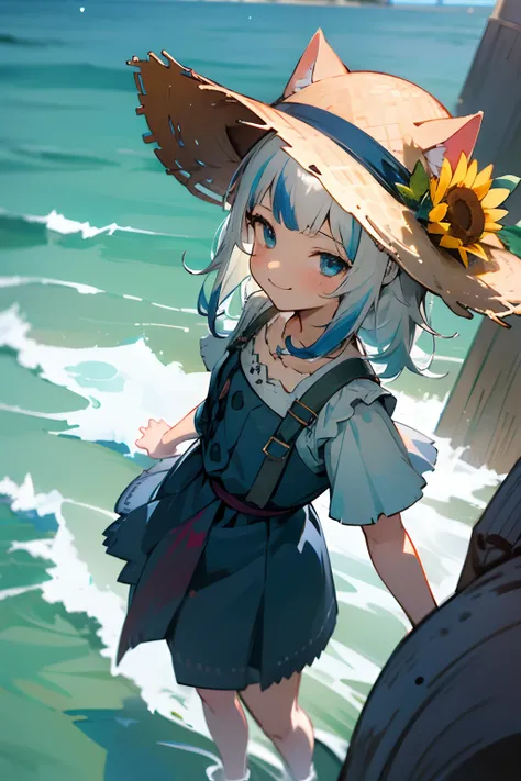 ((Gawr gura)), ((masterpiece)), wide shot, (Professional Photography:1.2), from above, (gura_neko), blue dress, put on cat ears, (ultra-detailed), (((incredibly absurdres))), 1girl, solo, flat chest, smile, blue, ocean+background, sunflower, straw hat, dyn...