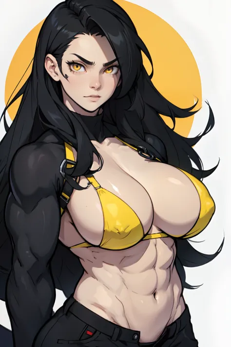 girl ((muscular)) huge breasts toned body black hair yellow eyes very long hair solo pale skin