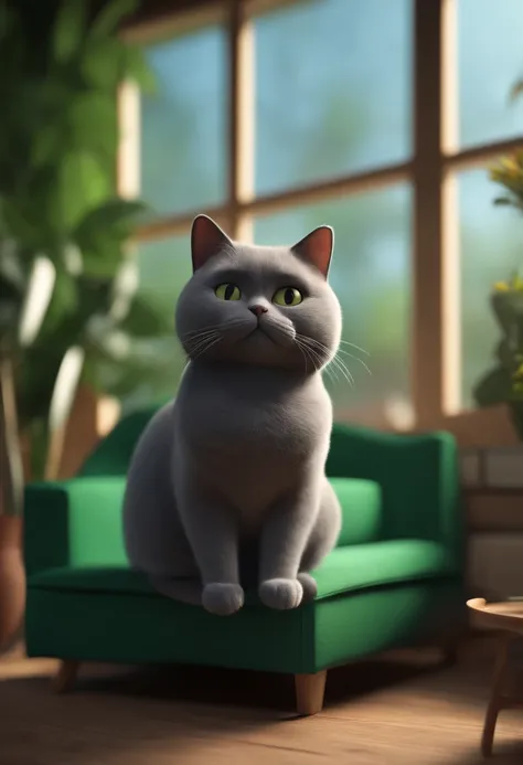 Cartoon character of a grey fat british short hair cat sitting on a green sofa, black wall and window to garden, animation character, Caractere estilizado, animation style rendering, 3D estilizado, Arnold Maya render, 3 d render stylized, toon render keysh...