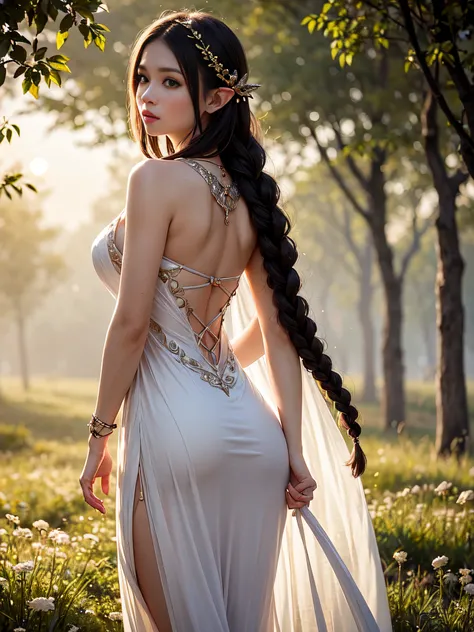 Graceful elven girl standing in meadow, Delicate face illuminated by the soft light of the setting sun. Her long, Flowing hair runs down your back, Decorated with intricate braids、Adorned with sparkling gemstones. This stunning picture is、、It captures the ...