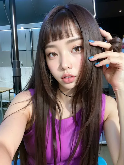 Arafed Asian woman with long hair and a purple blouse, Lalisa Manobal, Lalisa Manoban de Blackpink, El Corte Hime, Jossi de Blackpink, con flequillo, con flequillo completo, Blackpink Jennie, Cabello largo con flequillo completo, Jaeyeon Nam, Hermosa Delph...