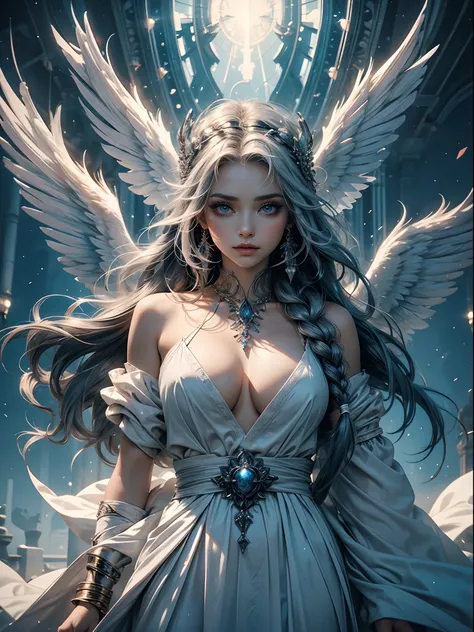 Goddess girl in white robe, The eyes are the most beautiful、Highly detailed blue, Hyper Perfect Face, Long gray hair that fell to the floor in braids, medium breasts, Curved fit body, With huge half-open angel wings, Translucent areola , Angelic, divine, c...