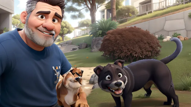 No jardim Homem , barba curta camiseta preta e bermuda bege, com cachorro preto grande com manchas brancas no peito e nas patas. Guia azul no peito escrito Ricky.