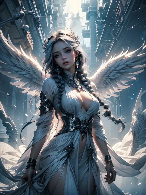 Goddess girl in white robe, The eyes are the most beautiful、Highly detailed blue, Hyper Perfect Face, Long gray hair that fell to the floor in braids, medium breasts, Curved fit body, With huge half-open angel wings, Translucent areola , Angelic, divine, c...