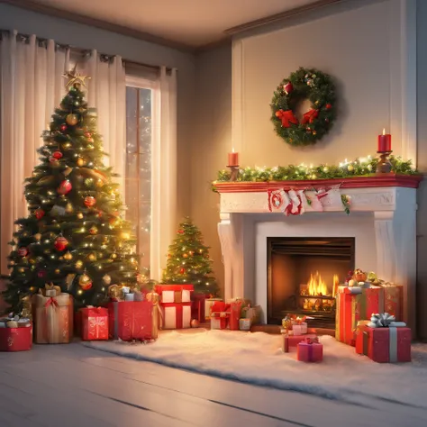 uma lareira com botas de natal pendurada, gifts on the floor, pinheirinho, janela com neve na rua, sign above the fireplace written Cardoso Family, imagem 3 D Pixar